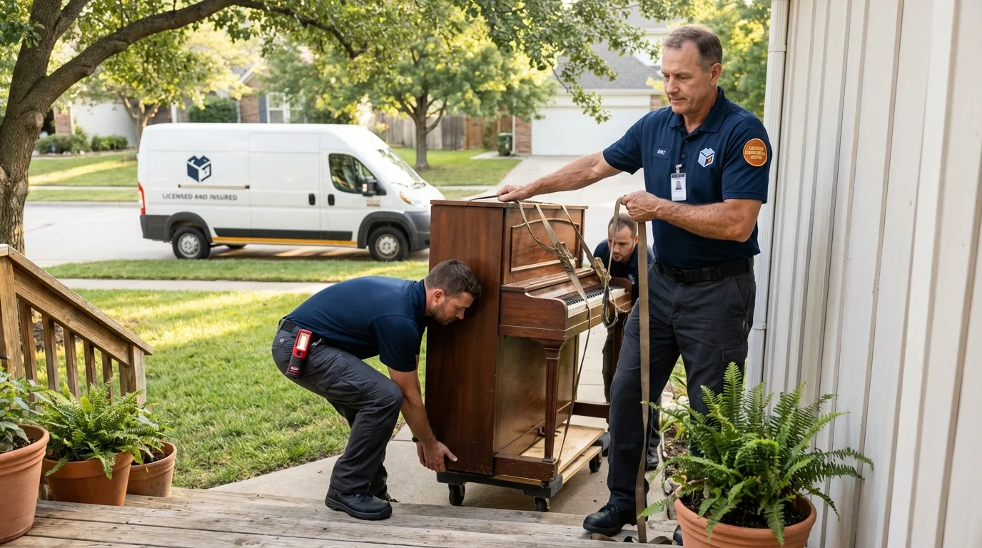 Licensed piano movers securing grand piano in Woodville, WI