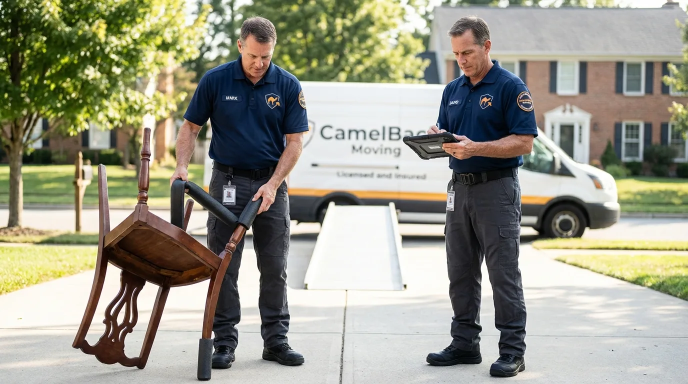 Movers inspecting furniture for damage prevention before loading in Woodville, WI