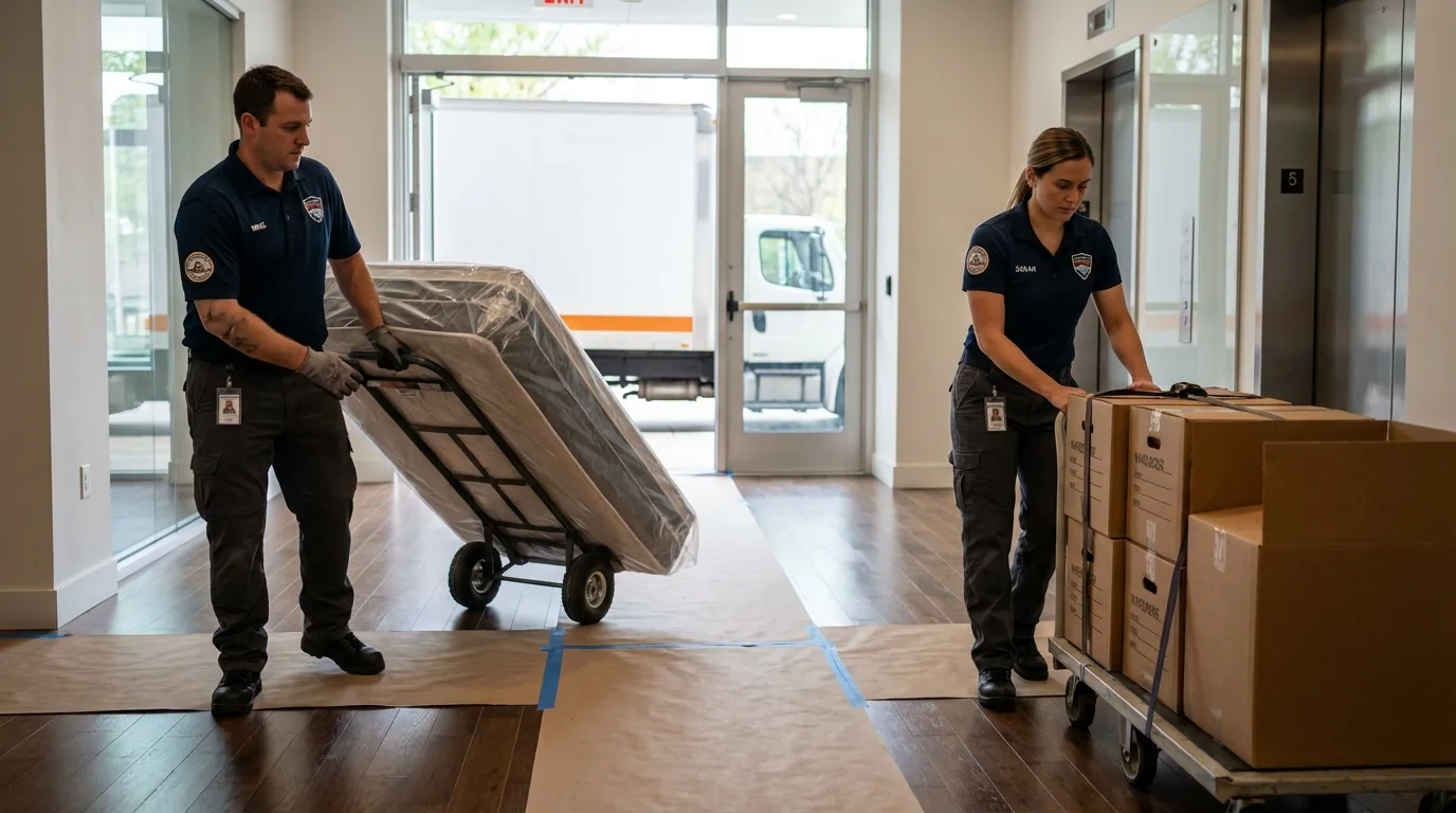 Professional apartment movers loading elevator in Woodville, WI