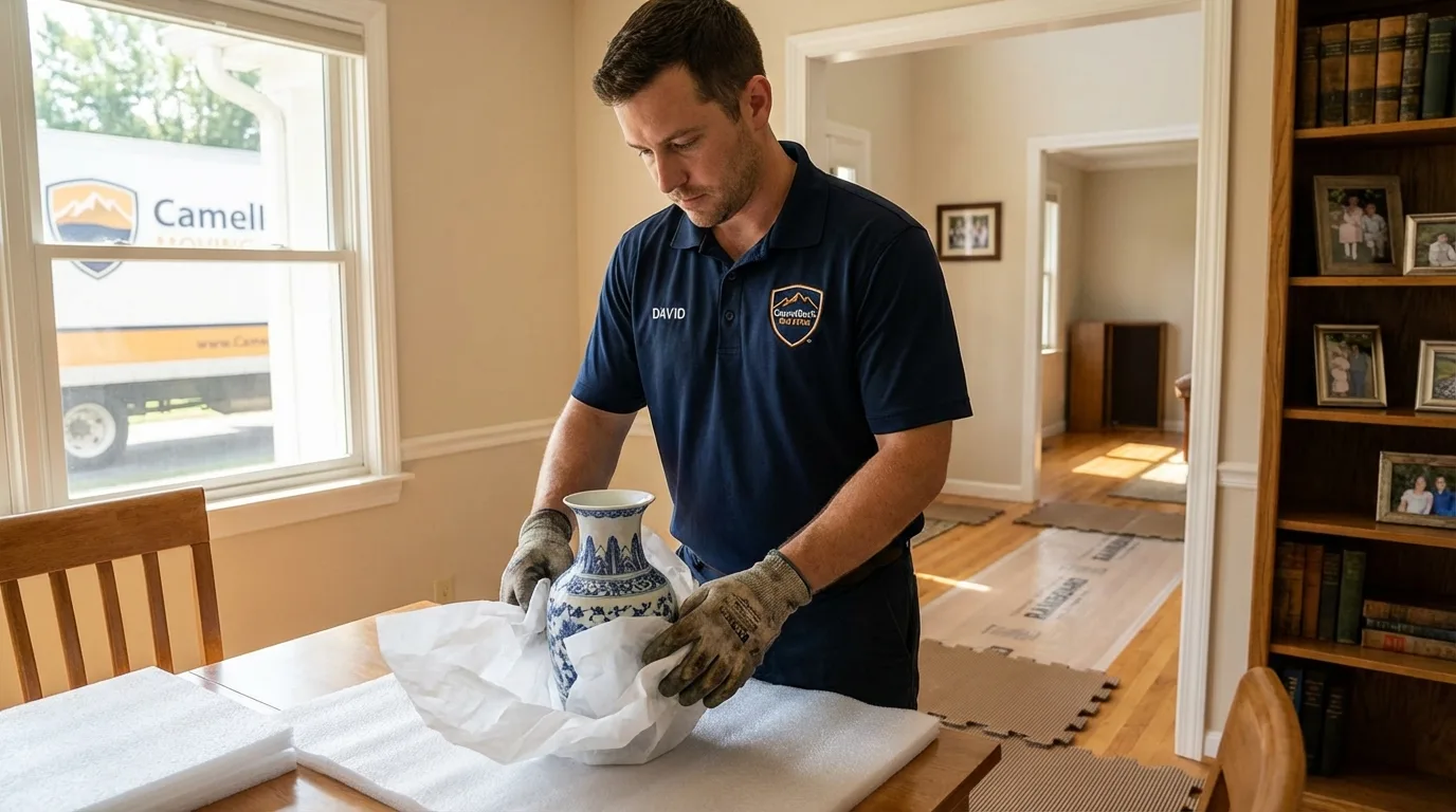 Professional crew carefully wrapping antique vase for senior downsizing move in Woodville, WI