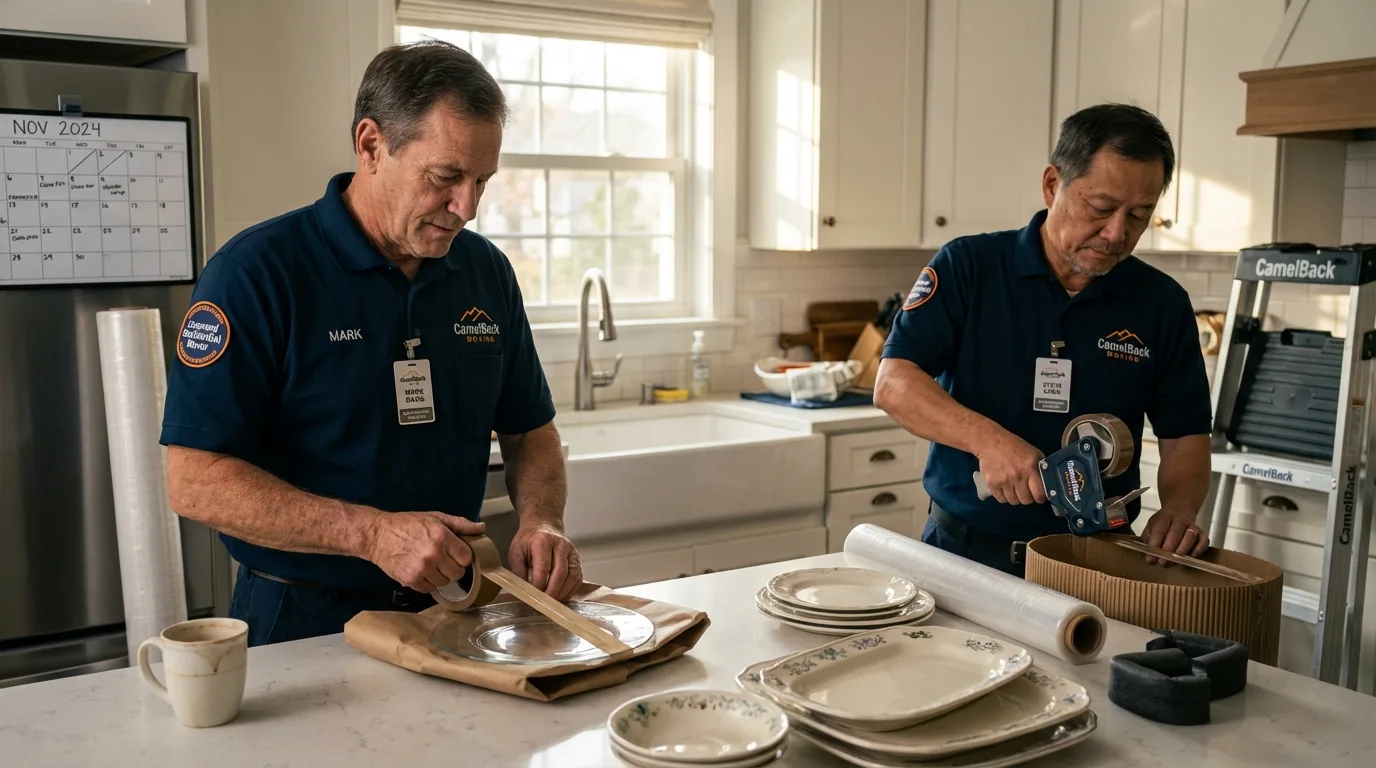 Professional crew packing kitchen dishware in Woodville, WI